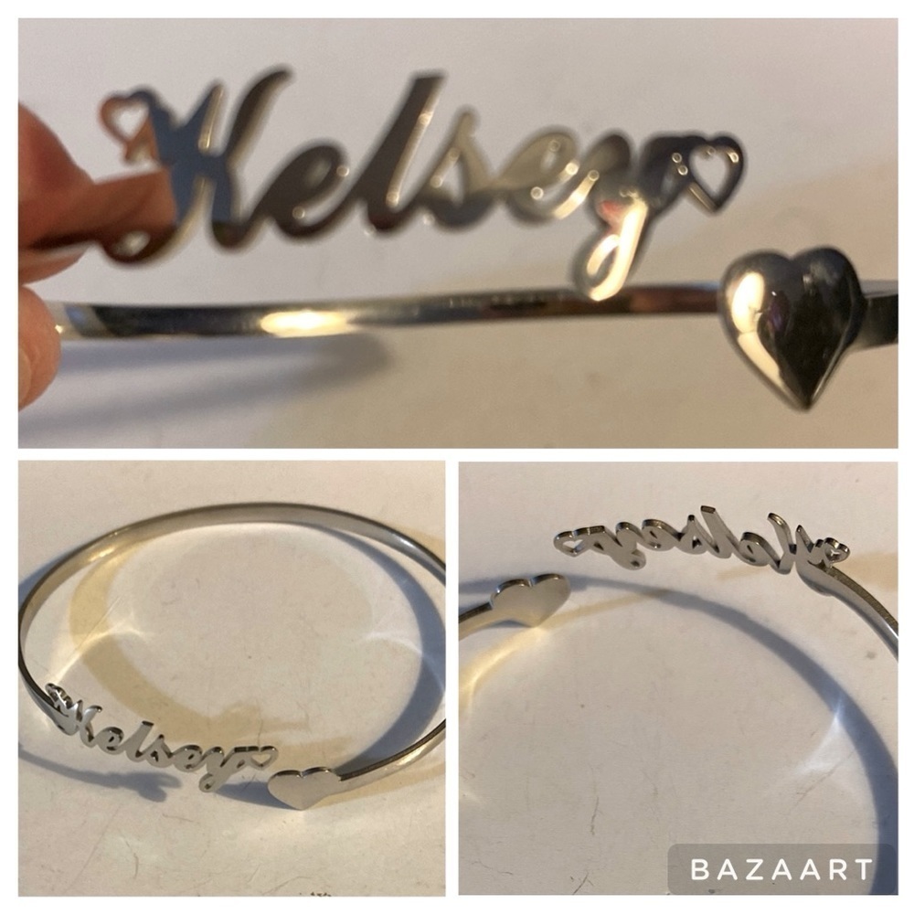 Name Bracelet, Kelsey, Adjustable, Bangle, Stainless Steel, Hearts, NWOT